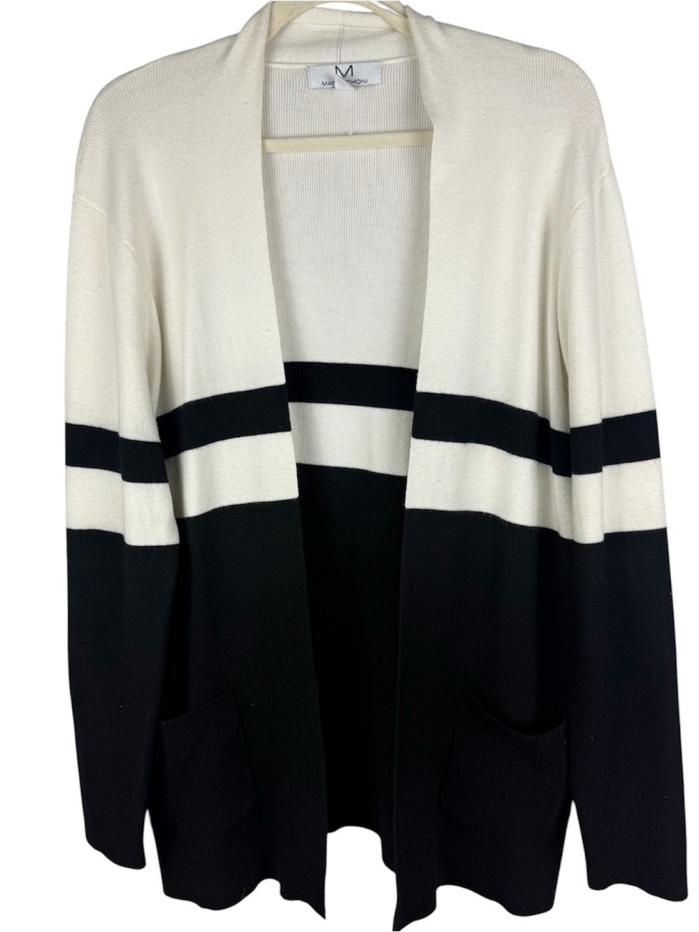 MAGASCHONI Colorblock Open Front Cardigan Sweater Large Black White Striped